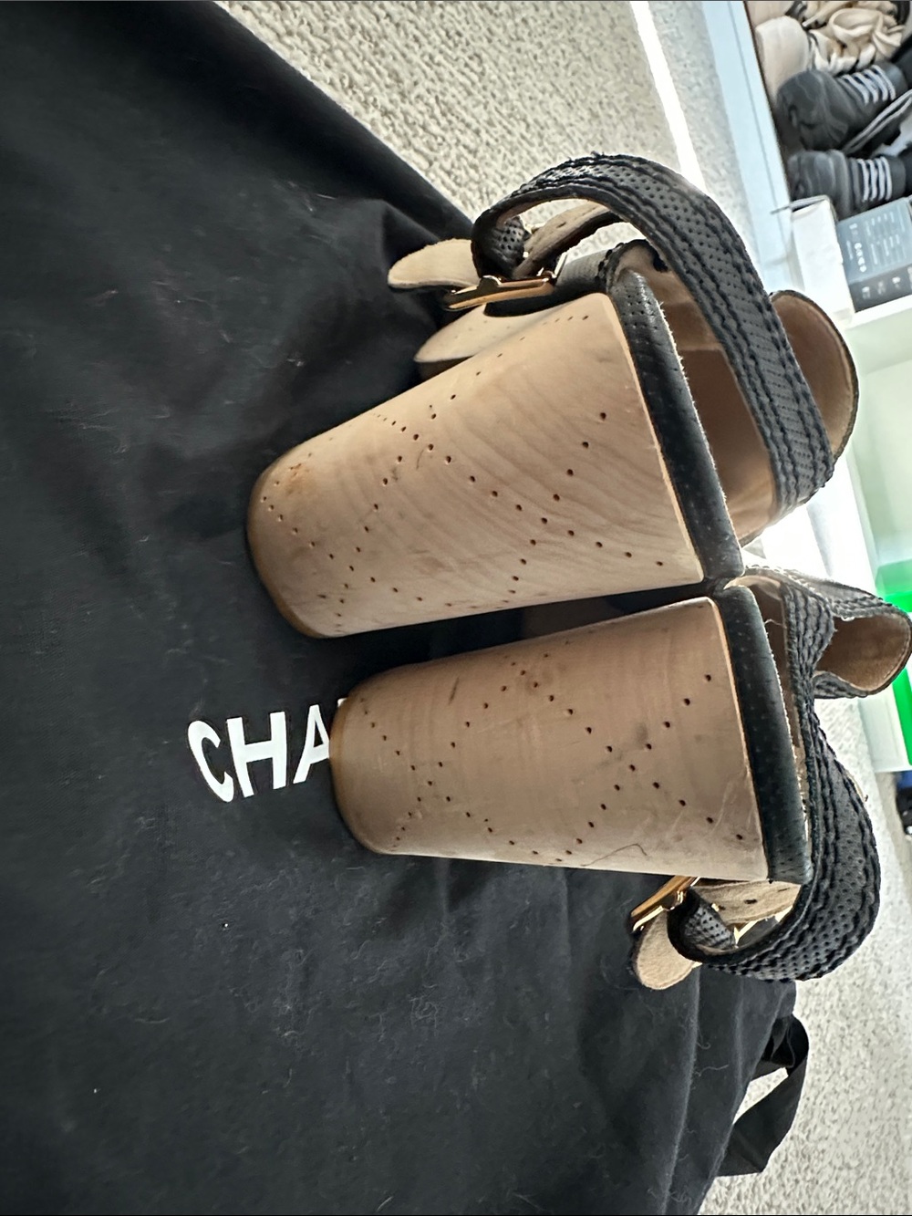 CHANEL Black Leather Peep-Toe Cork Block Heel Mules - Picture 4 of 10